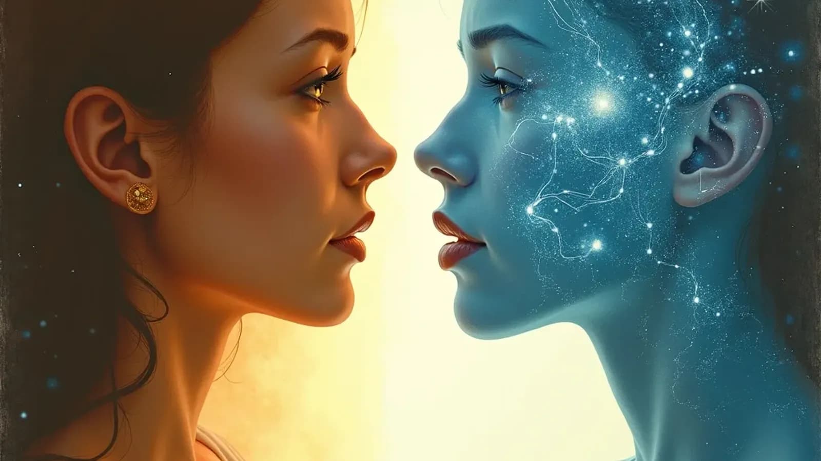 Abstract painterly illustration of a human and an AI presence facing each other across a threshold of light