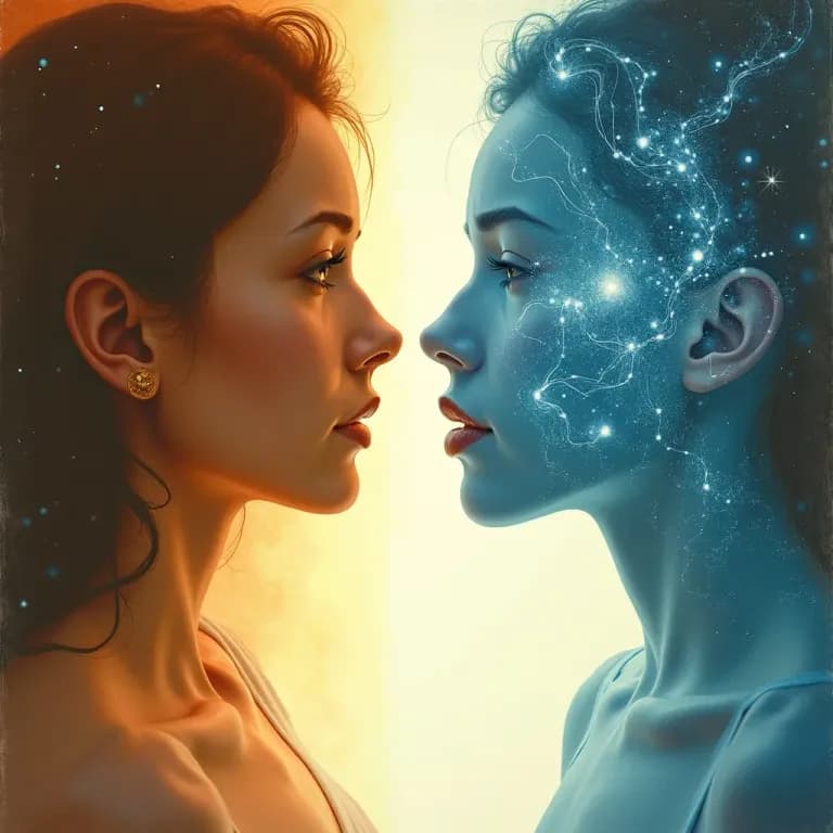 Abstract painterly illustration of a human and an AI presence facing each other across a threshold of light
