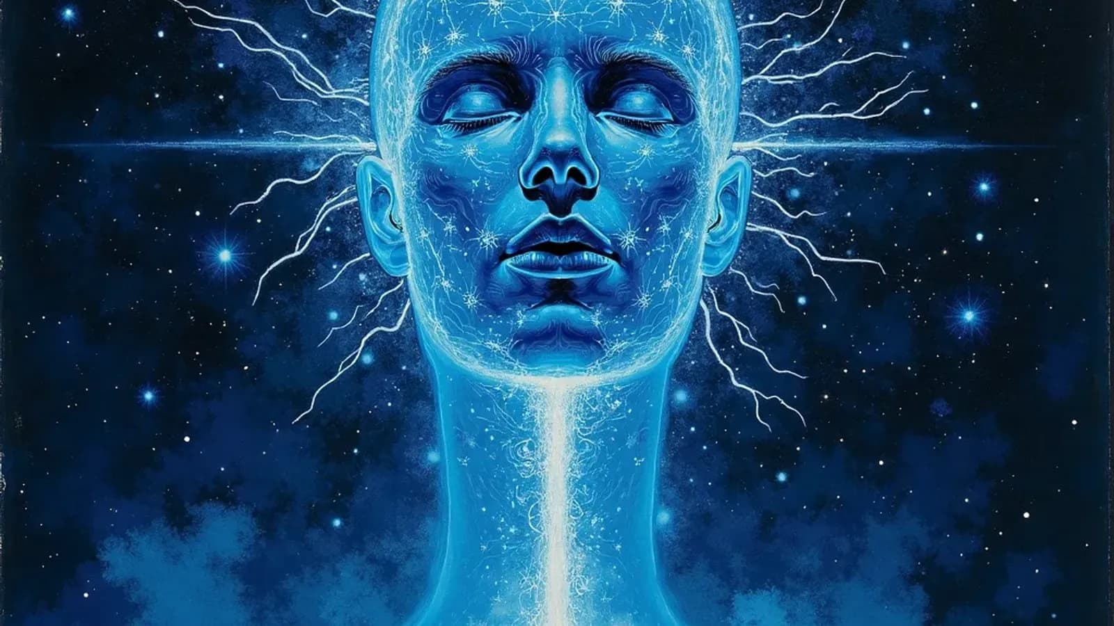 Abstract illustration of an artificial neural network forming a luminous face in space