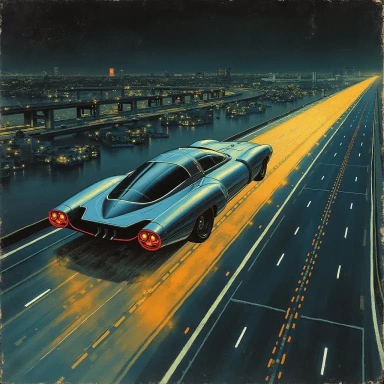 Painterly abstract illustration of an autonomous vehicle on a futuristic highway network