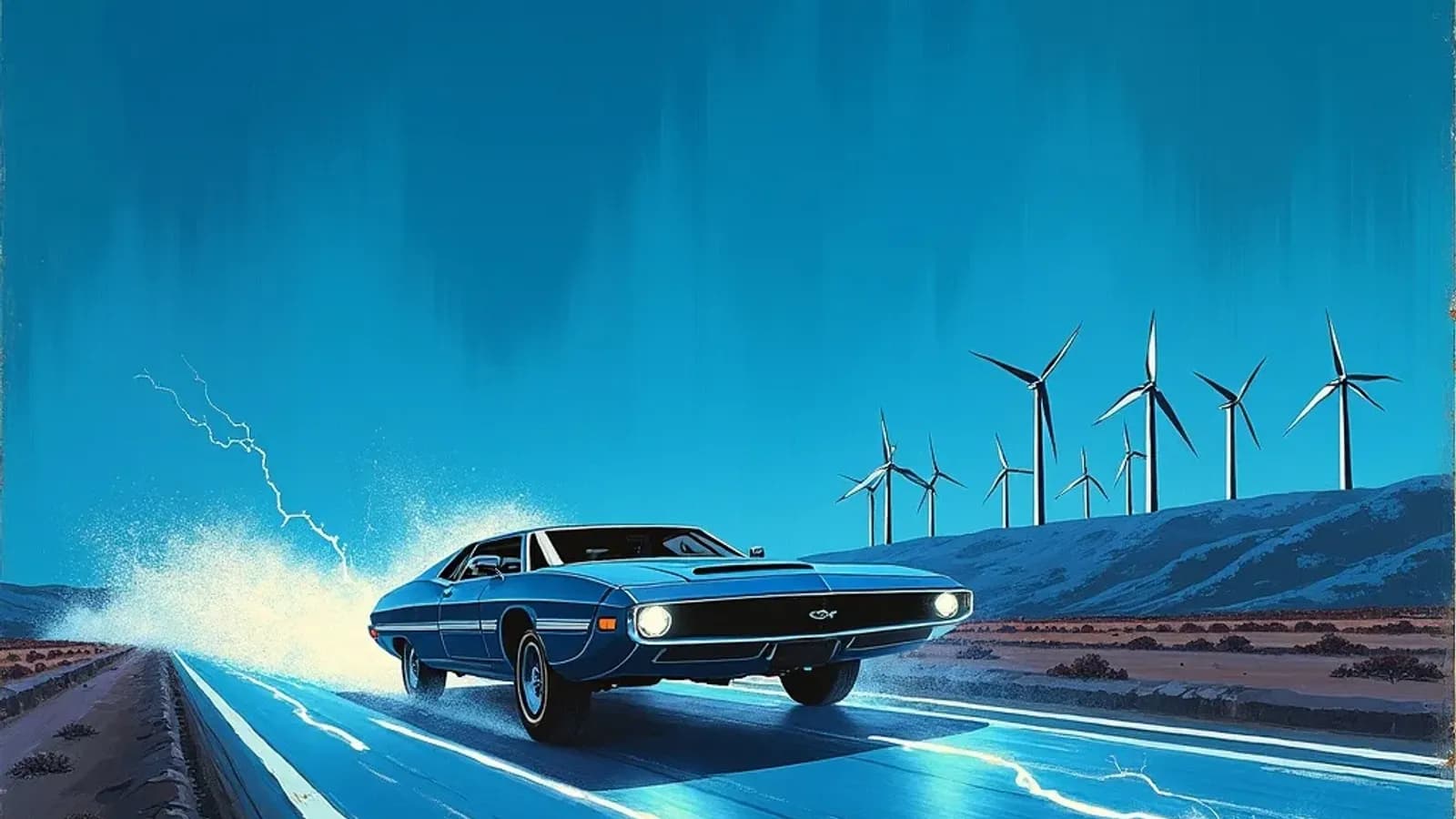 Abstract illustration of an electric vehicle in an energy-charged futuristic landscape