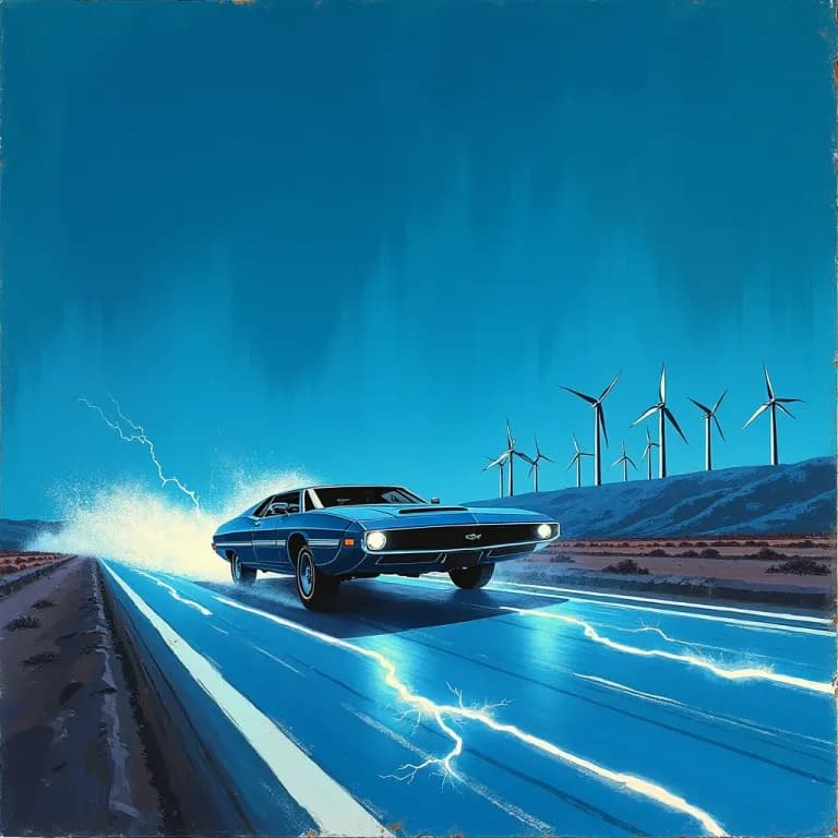 Abstract illustration of an electric vehicle in an energy-charged futuristic landscape