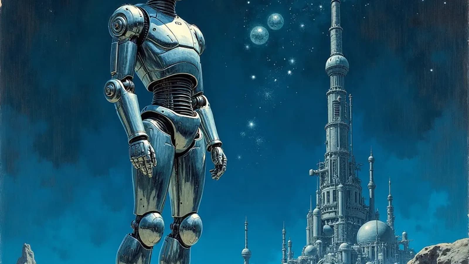 Abstract painterly illustration of a humanoid robot against a cosmic industrial backdrop
