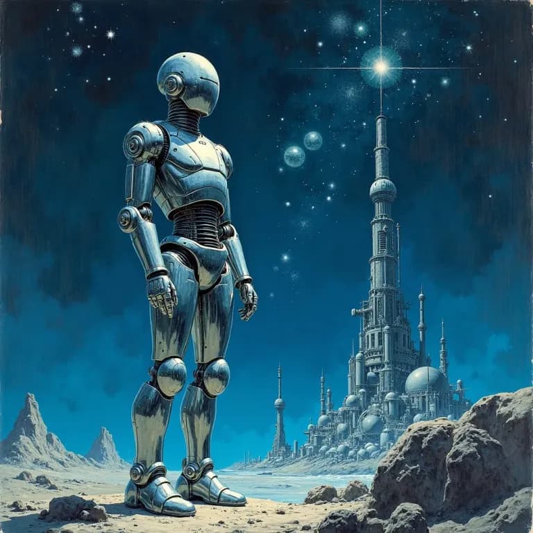 Abstract painterly illustration of a humanoid robot against a cosmic industrial backdrop