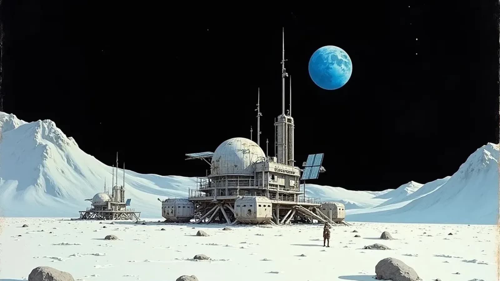Painterly illustration of a modular lunar base at the Moon's south pole with Earth visible above