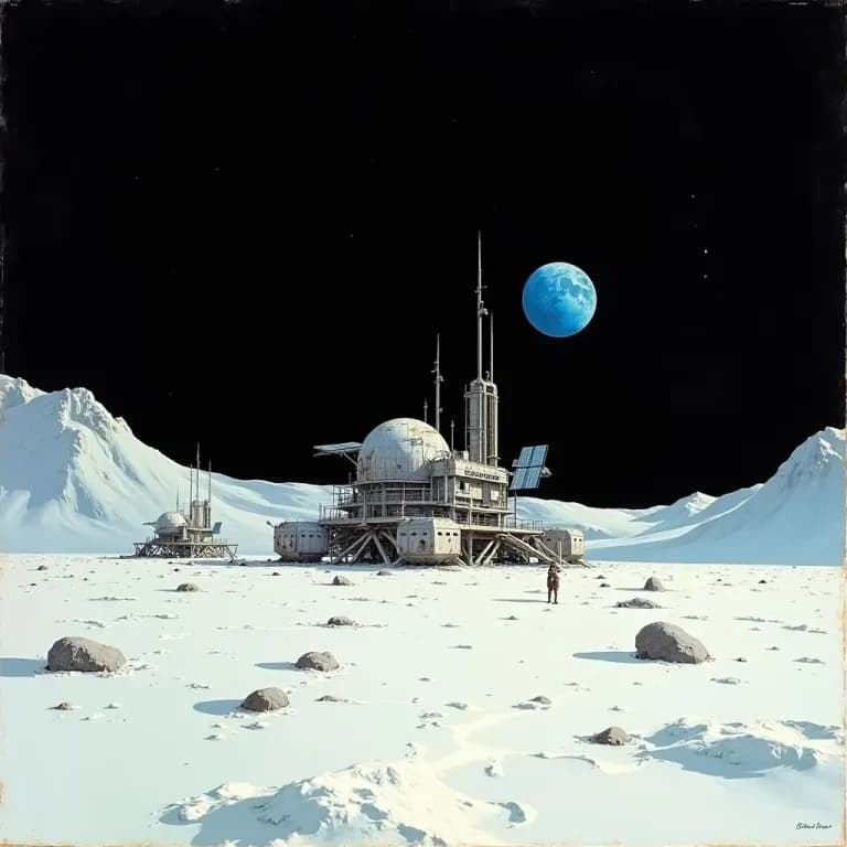Painterly illustration of a modular lunar base at the Moon's south pole with Earth visible above