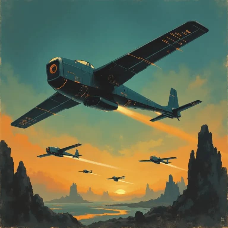 Abstract painterly illustration of autonomous military drones as geometric forms against a dramatic sky