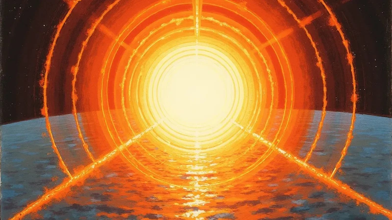 Painterly illustration of a nuclear fusion tokamak with plasma core visible as intense light