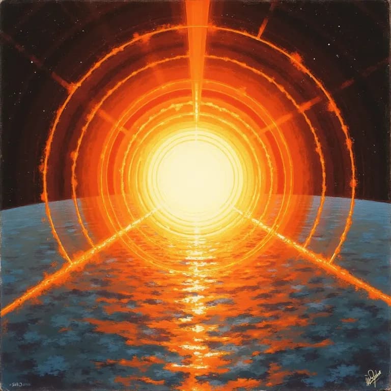 Painterly illustration of a nuclear fusion tokamak with plasma core visible as intense light
