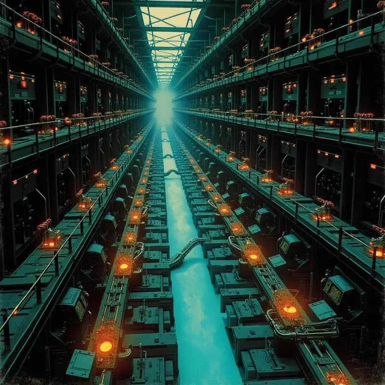 Painterly abstract illustration of a smart factory with robotic systems and data flows as geometric patterns