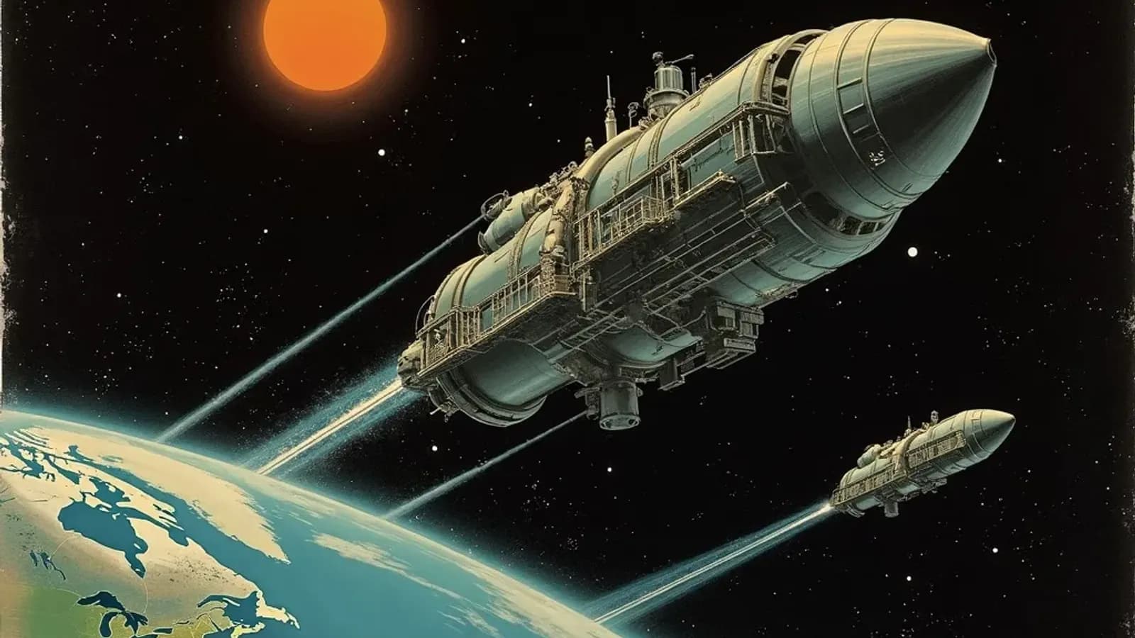 Painterly illustration of an orbital manufacturing platform above Earth processing materials in space