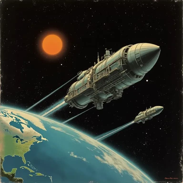 Painterly illustration of an orbital manufacturing platform above Earth processing materials in space