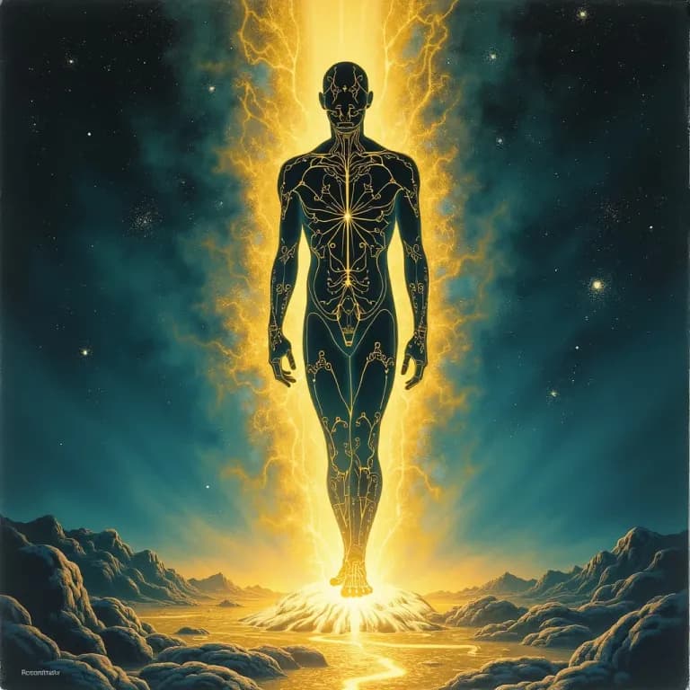 Abstract illustration of human form merging with technology representing transhumanism