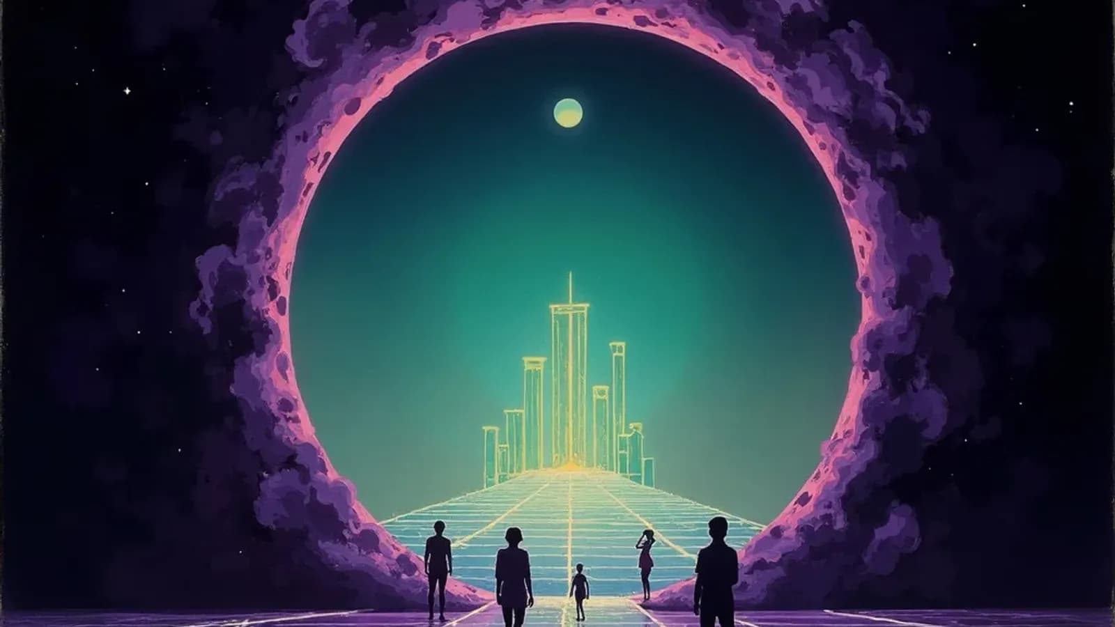 Abstract illustration of a portal opening to a vast luminous digital game world