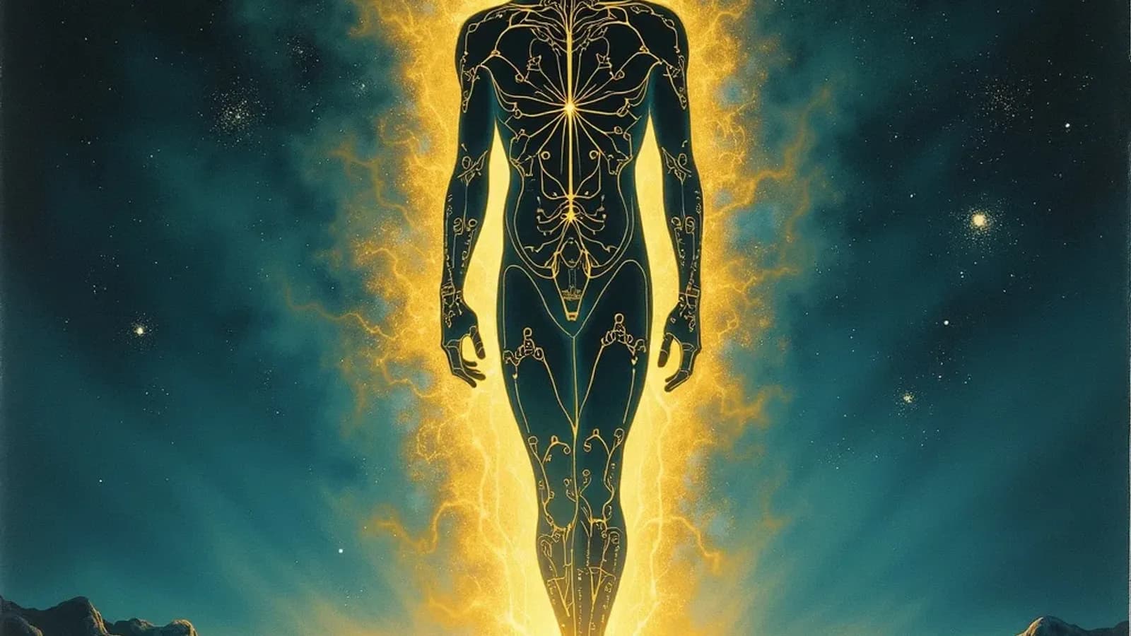 Abstract illustration of human form merging with technology representing transhumanism